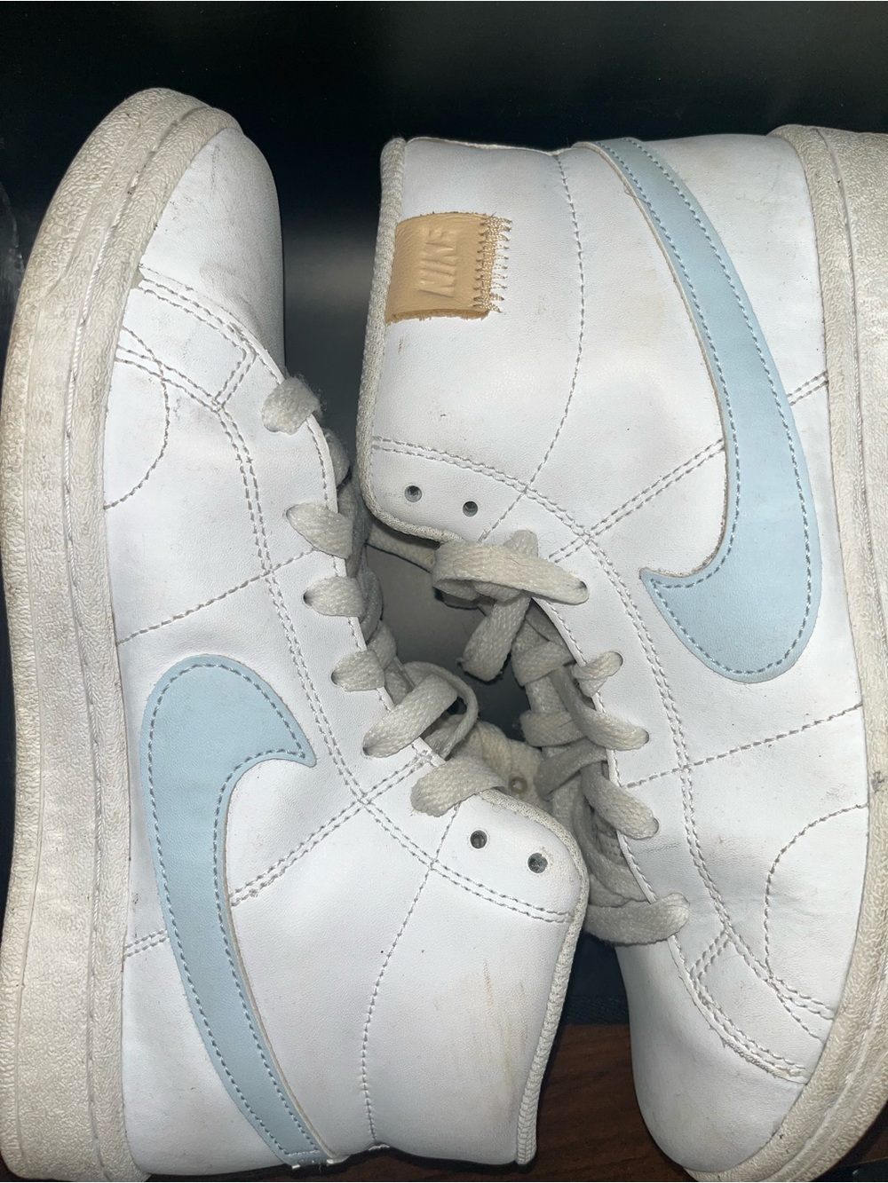 Nike Kids White High-Top Sneakers with Light Blue Swoosh and Tan Logo Patch 7.5
